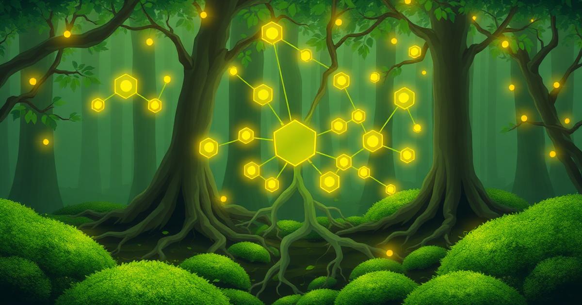 Illustration eines Blockchain-Netzwerks als leuchtendes Wurzelsystem im Wald