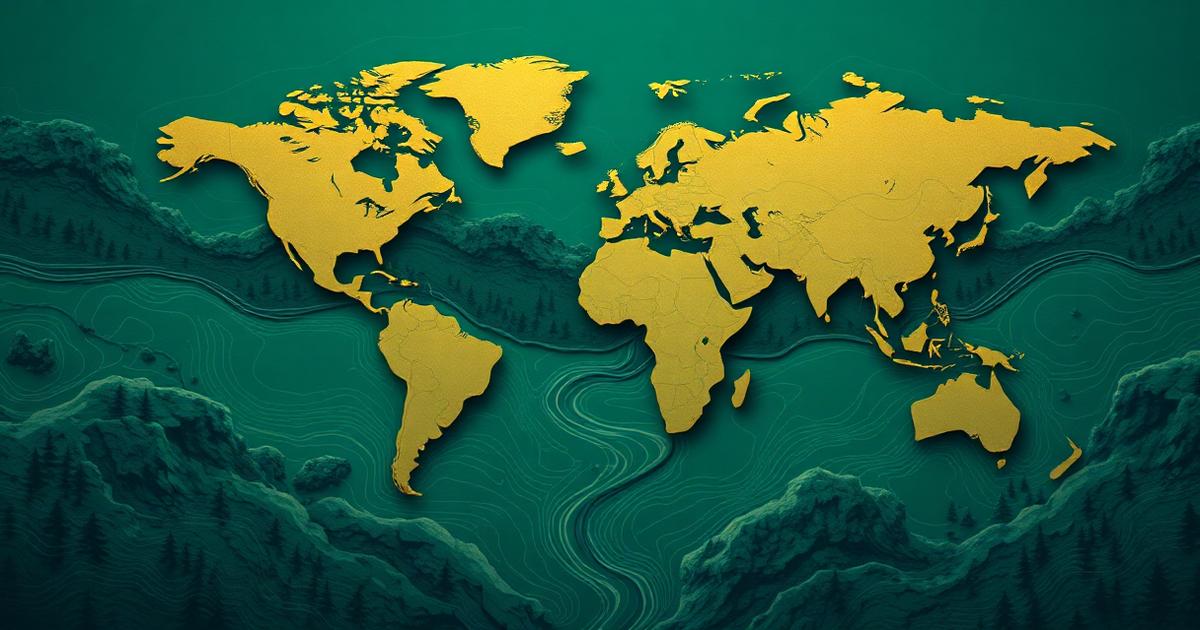 Illustration globaler Währungsströme als zusammenfließende Flüsse auf einer Landkarte