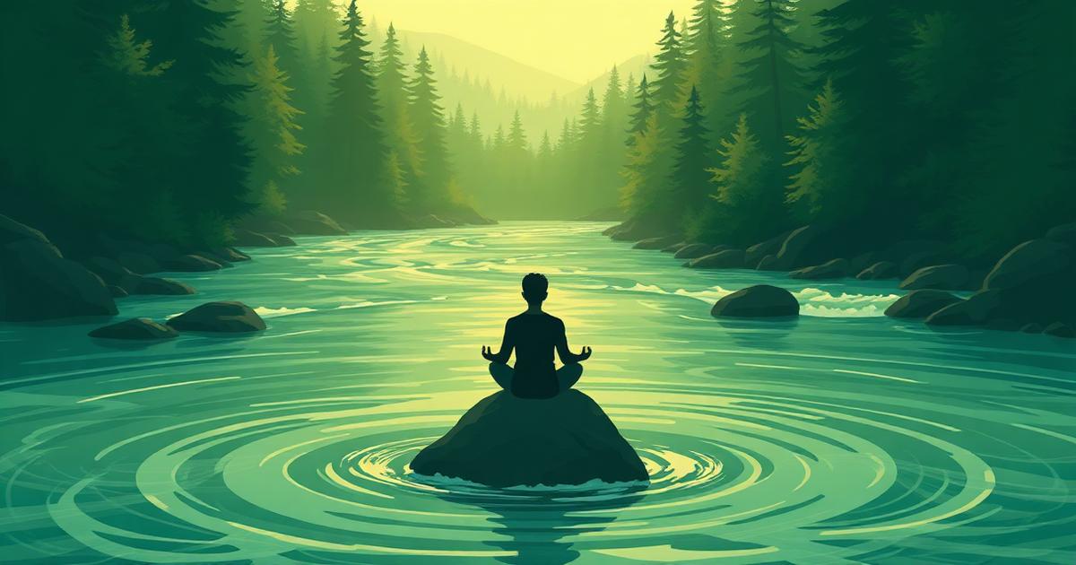 Illustration einer ruhigen Silhouette auf einem Felsen in einem strömenden Fluss