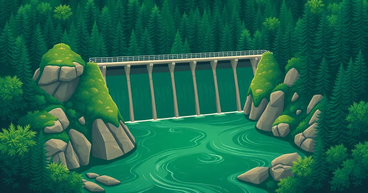 Illustration eines Staudamms in einem Wald als Sinnbild für Risikosteuerung